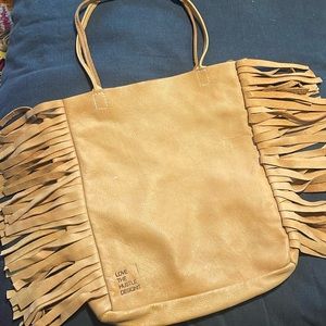 Tan leather fringed tote bag